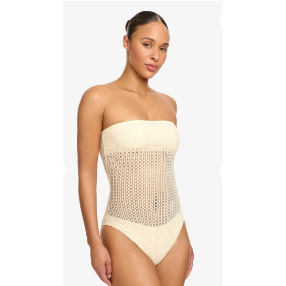 Robin Piccone One-Piece Womens Swimsuit Size 14 Charlotte Bandeau Beige NEW